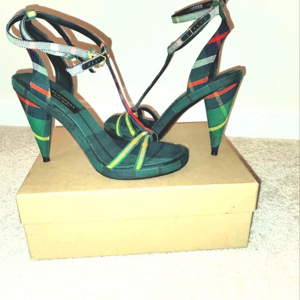 Burberry Ladies Tartan High Cone-heel Sandals. Color: Forest Green